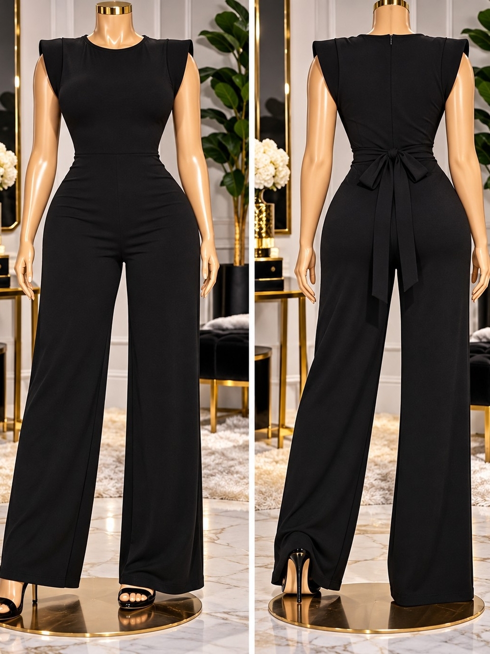 Fashion Nova Black Sleeveless Wide-Leg Jumpsuit with Back Tie